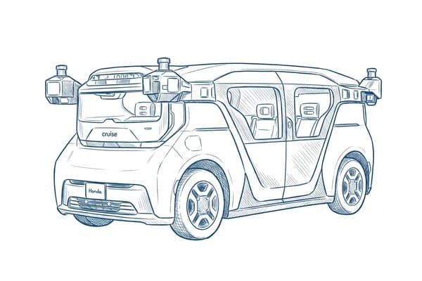 Hand-drawn sketch of the Cruise Origin driverless shuttle.
