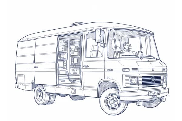 Hand-drawn sketch of Ernst Dickmanns' VaMoRs, a Mercedes van with roof-mounted cameras.