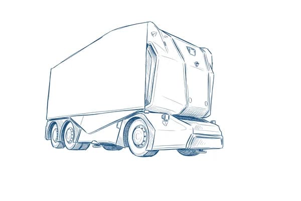 Hand-drawn sketch of the Einride Pod, a cab-less autonomous electric truck.