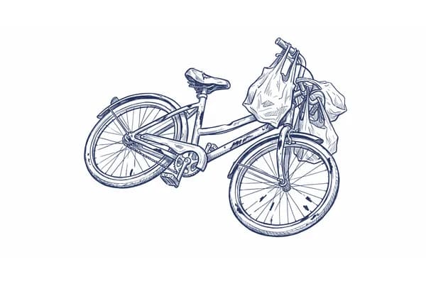 Hand-drawn sketch of a bicycle lying on a road at night.