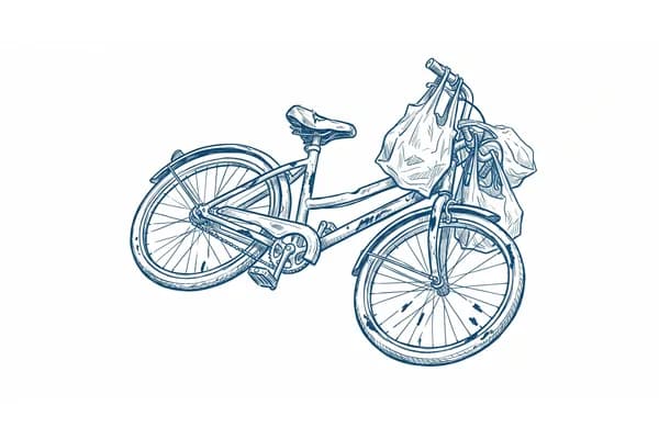 Hand-drawn sketch of a bicycle lying on a road at night.