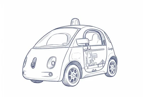 Hand-drawn sketch of the Google Firefly, a small rounded driverless pod.