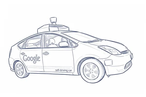 Hand-drawn sketch of a Google self-driving Toyota Prius with roof-mounted sensors.