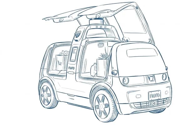 Hand-drawn sketch of the third-generation Nuro driverless delivery vehicle.