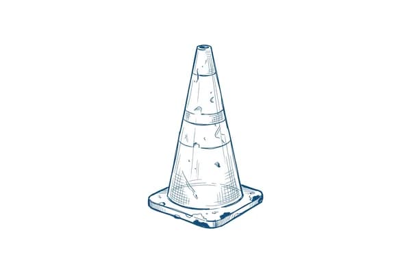 Hand-drawn sketch of a traffic cone, the improvised symbol of public pushback against robotaxis.