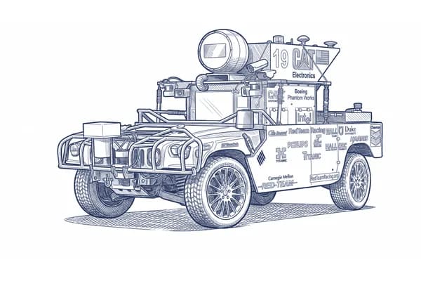 Hand-drawn sketch of Carnegie Mellon's Sandstorm, a sensor-laden Humvee.