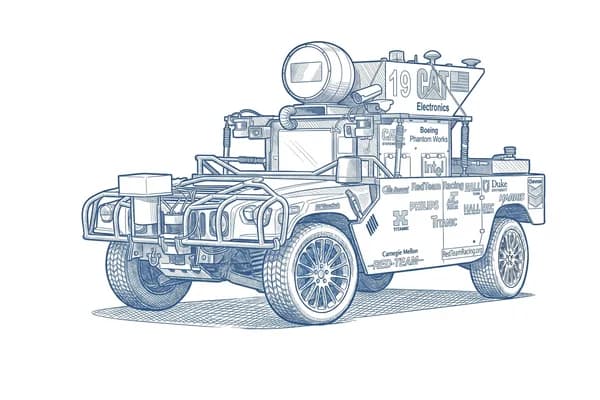 Hand-drawn sketch of Carnegie Mellon's Sandstorm, a sensor-laden Humvee.