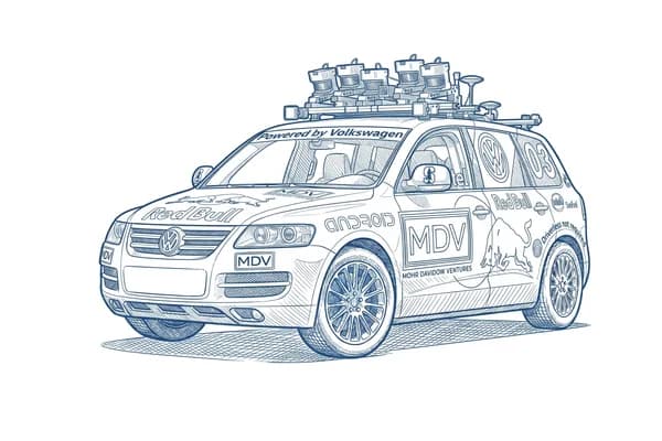 Hand-drawn sketch of Stanford's Stanley, a Volkswagen Touareg.