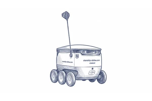 Hand-drawn sketch of a six-wheeled Starship sidewalk delivery robot.