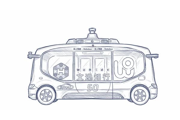 Hand-drawn sketch of the WeRide Robobus, a boxy driverless shuttle with roof-mounted sensors.