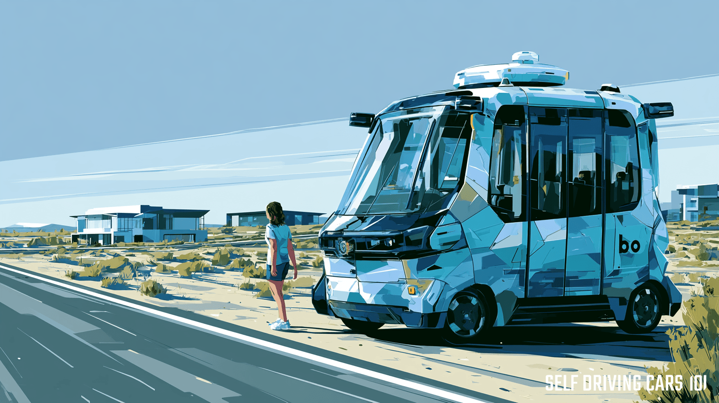 Editorial illustration of a young woman standing alone on a sunlit, spacious suburban street, a driverless robotaxi pulling away from the curb behind her.