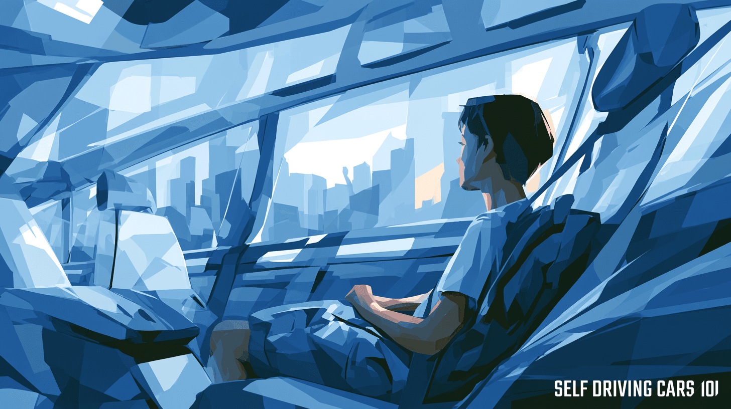Editorial illustration of a twelve-year-old boy alone in the backseat of a driverless car at night, school backpack on his lap, freeway visible through the window.