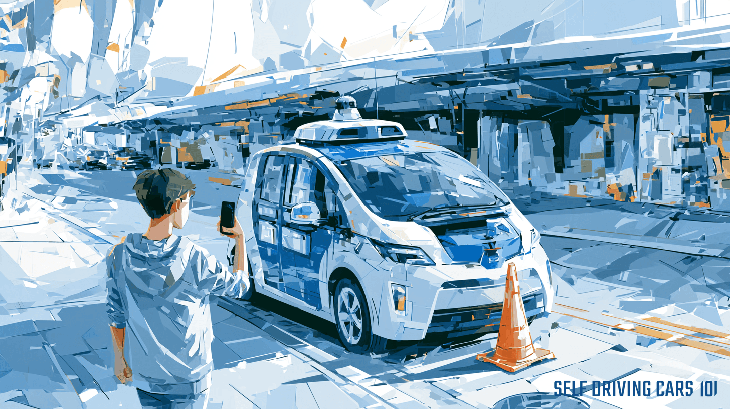 Editorial illustration of a teenager in a hoodie placing a traffic cone in front of a stopped driverless car while filming on a phone.